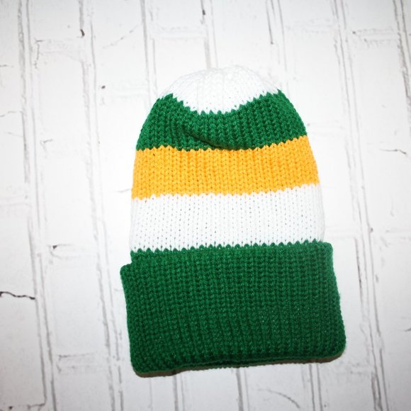 🟢🧢 Handmade Knit Beanie · Green + White + Yellow · NWoT 🧢🟢 - Picture 2 of 4